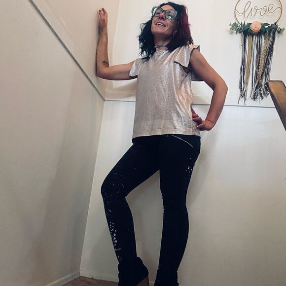Custom DYNDNM Kate Upcycled Size 27 Black + White Paint Splatter Motto Jeggings - Picture 1 of 8